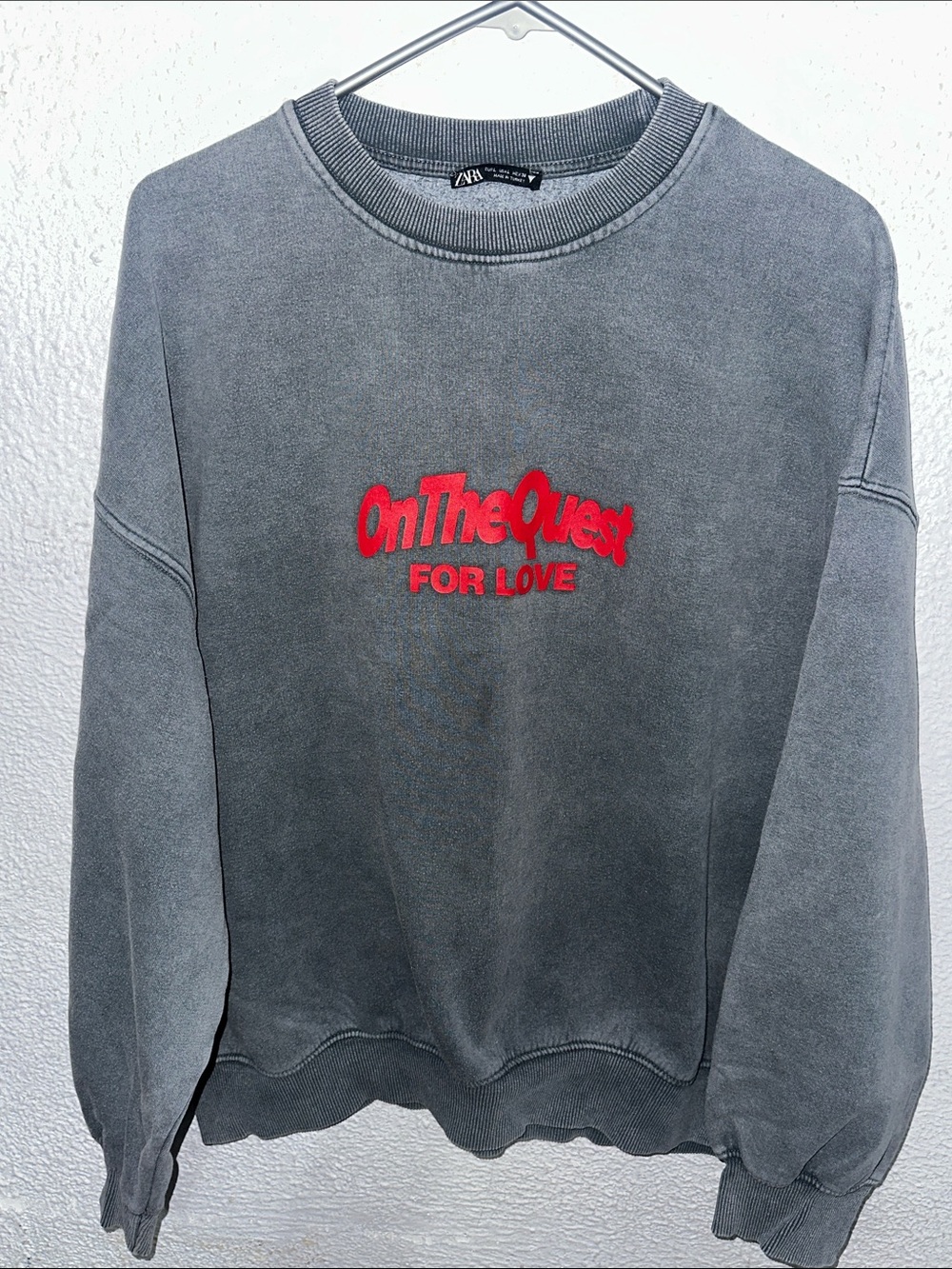 Zara Gray Crewneck Sweater with Red "On The Quest" Embroidery
